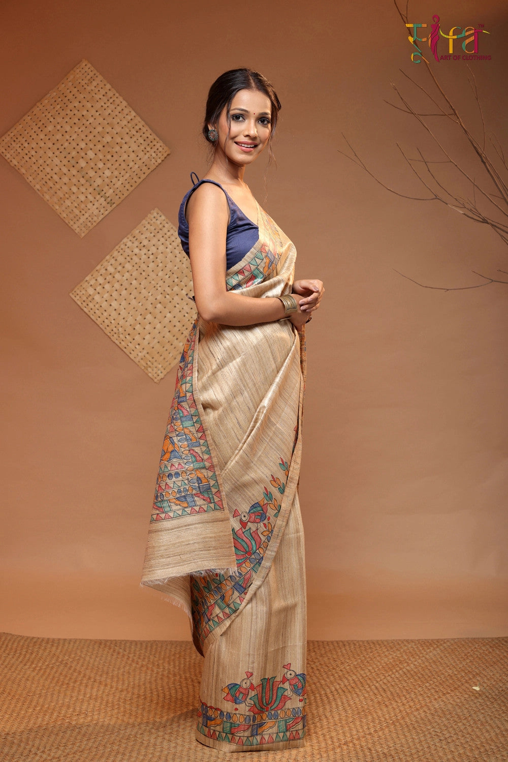 Handloom Tan Brown pure Tussar silk Madhubani hand painted Saree