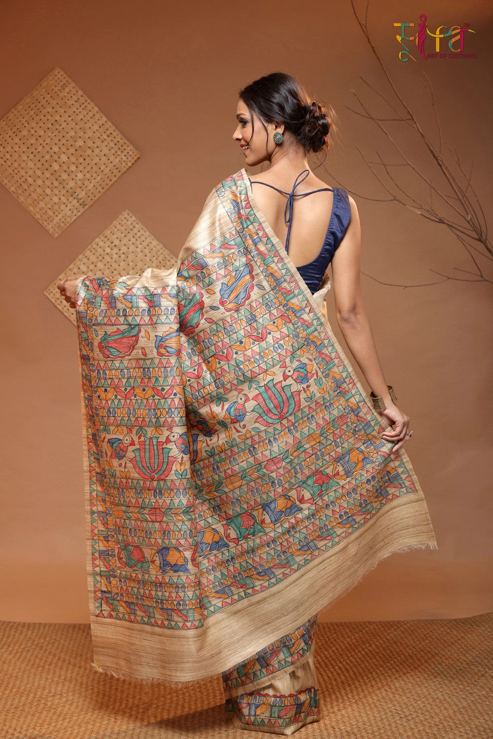 Handloom Tan Brown pure Tussar silk Madhubani hand painted Saree