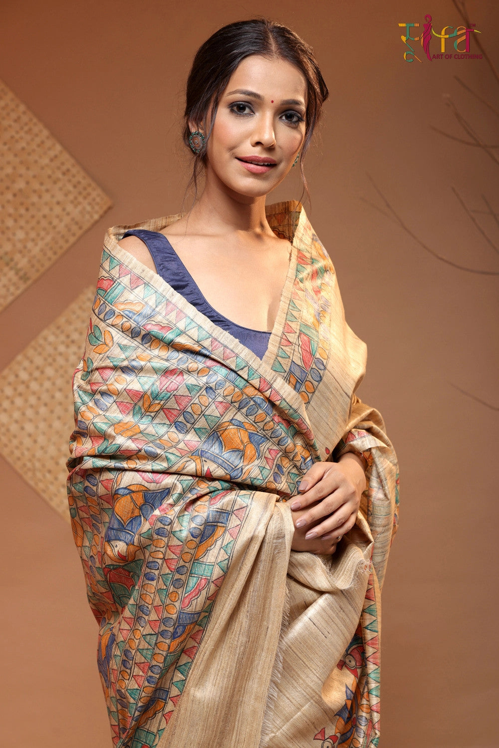 Handloom Tan Brown pure Tussar silk Madhubani hand painted Saree