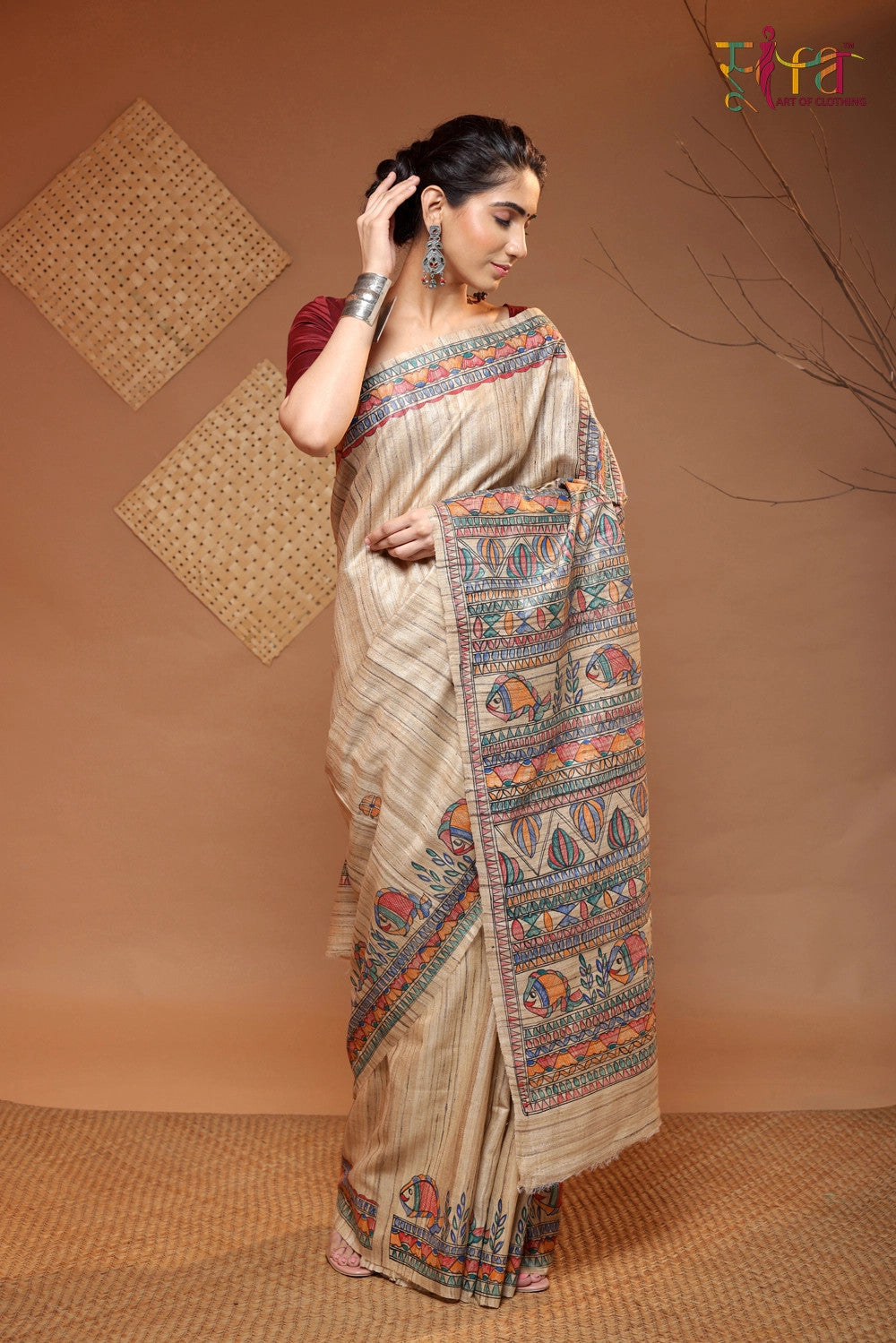 Tan Brown Handloom pure Tussar silk Madhubani hand painted Saree