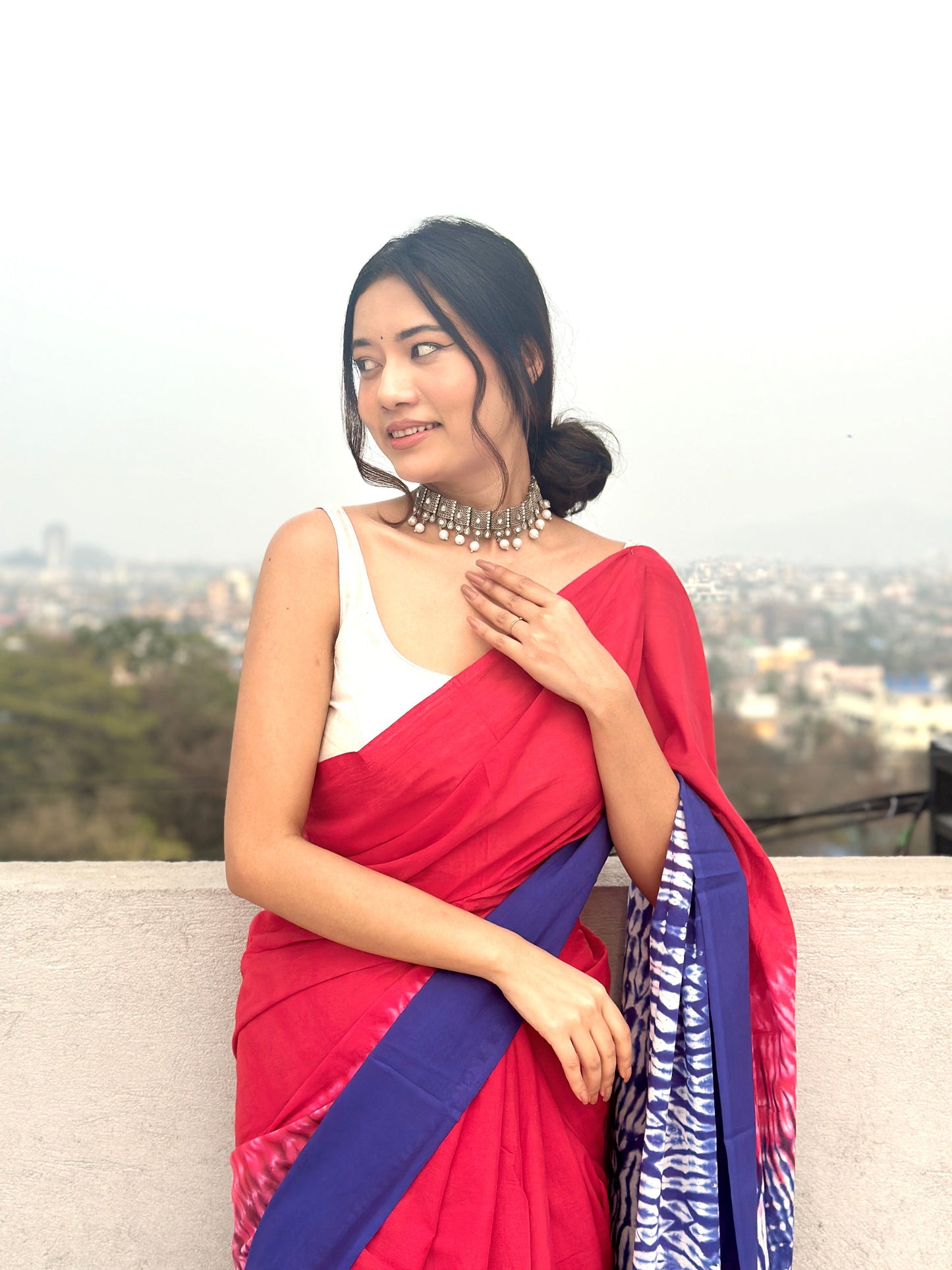 Gulmohar - Red Tie & Dye Shibori Print Natural Dyed - Mulmul Cotton Saree