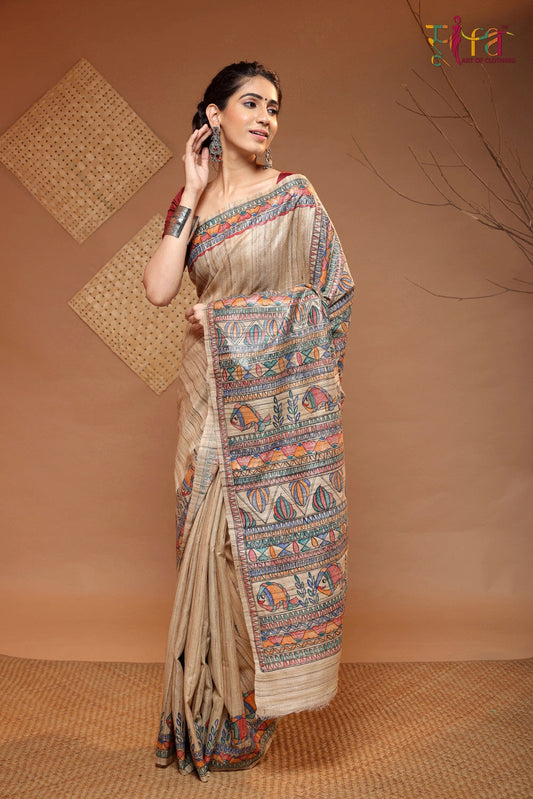 Tan Brown Handloom pure Tussar silk Madhubani hand painted Saree