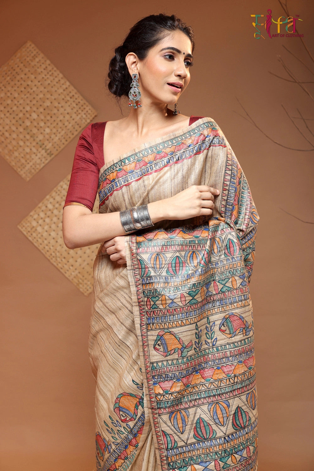 Tan Brown Handloom Pure Tussar Silk Madhubani Hand Painted Saree