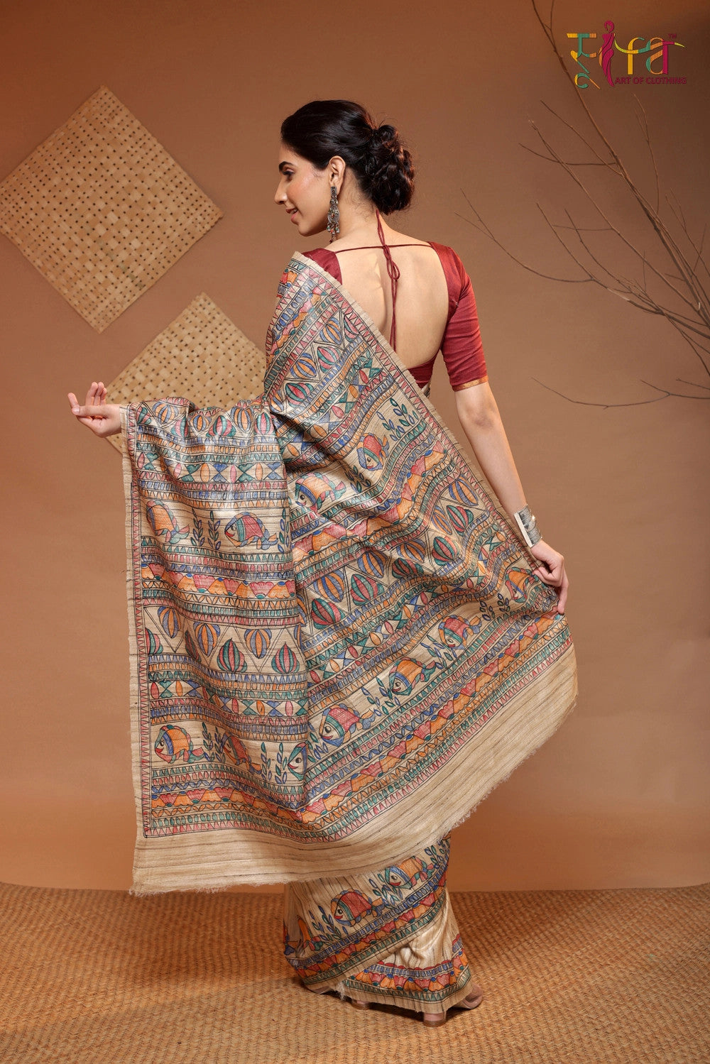 Tan Brown Handloom Pure Tussar Silk Madhubani Hand Painted Saree