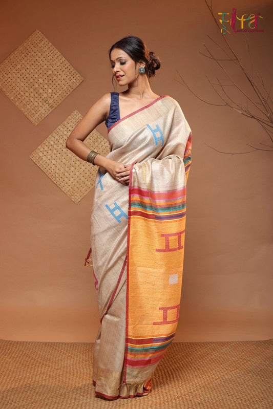 Beige Handloom Tussar Silk Saree Woven With Multi Colour Pallu