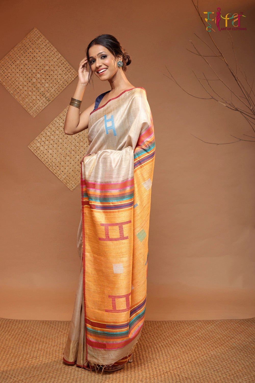 Beige Handloom Tussar Silk Saree Woven With Multi Colour Pallu