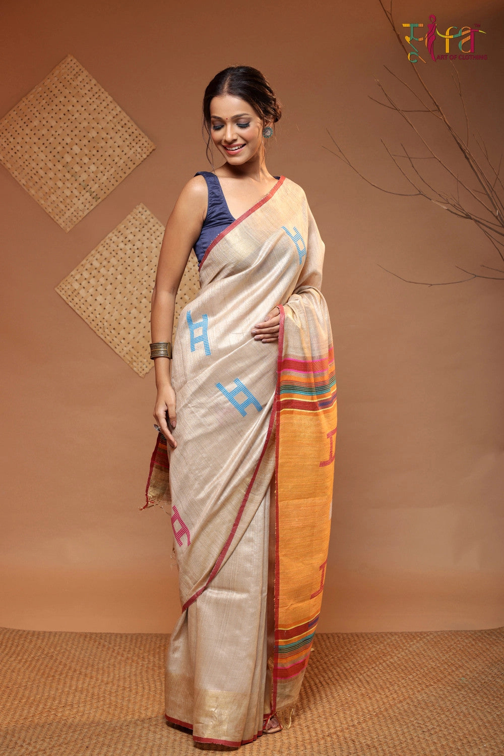 Beige Handloom Tussar Silk Saree Woven With Multi Colour Pallu