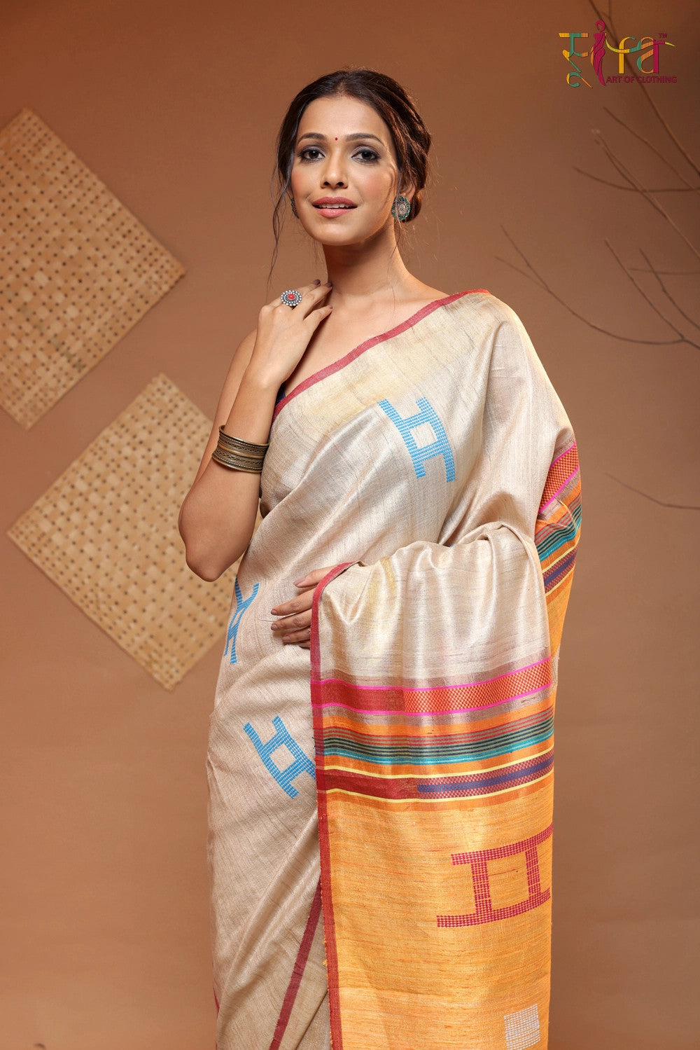 Beige Handloom Tussar Silk Saree Woven With Multi Colour Pallu