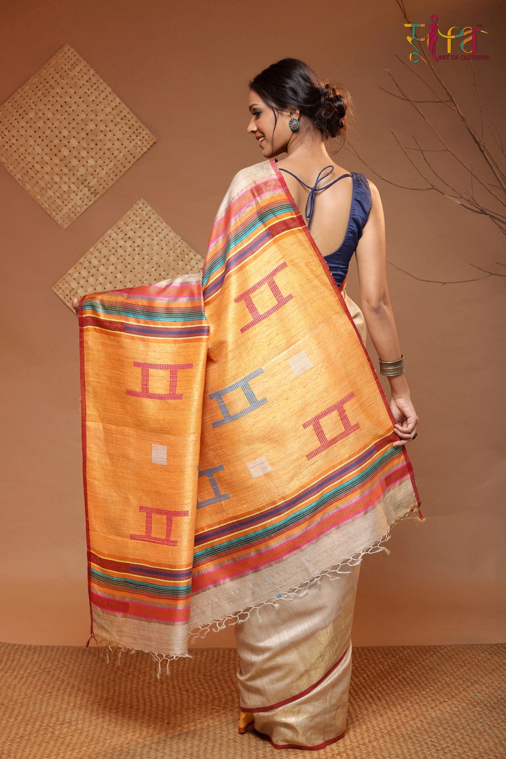 Beige Handloom Tussar Silk Saree Woven With Multi Colour Pallu