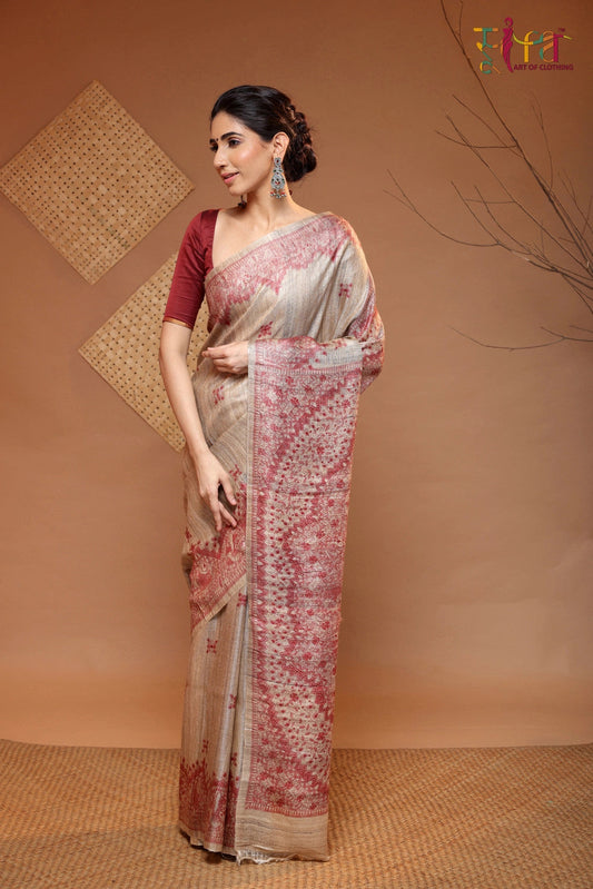 Pastel brown Handloom Kosa silk Madhubani art Saree