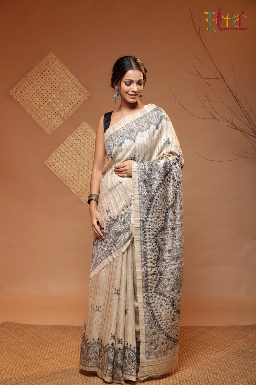 Camel brown handloom Tussar silk Madhubani Art Saree