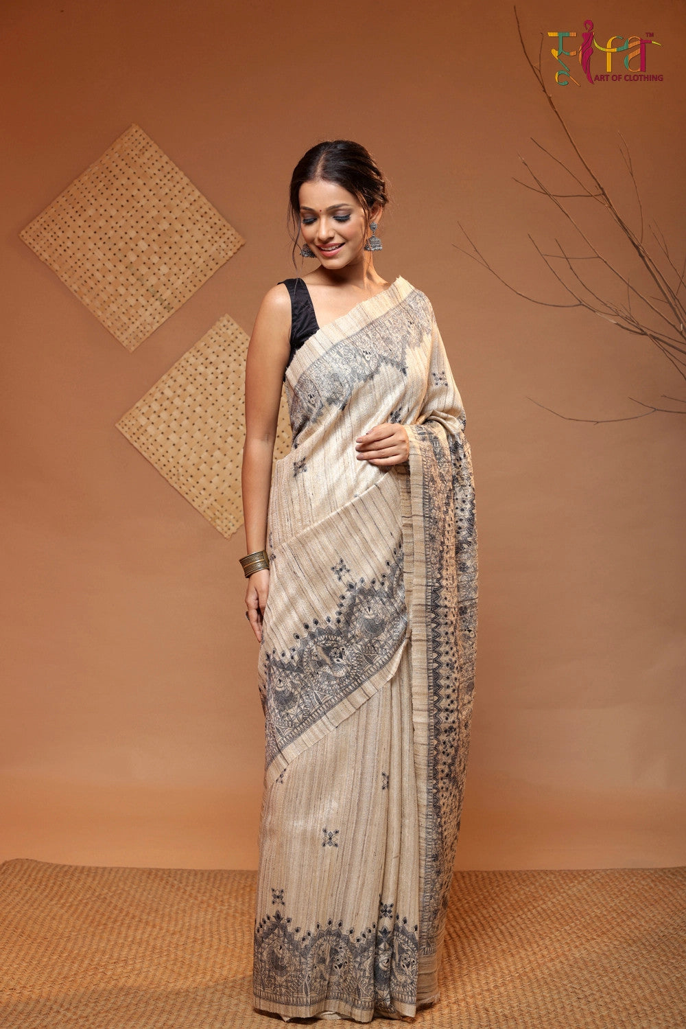 Camel Brown Handloom Tussar Silk Madhubani Art Saree