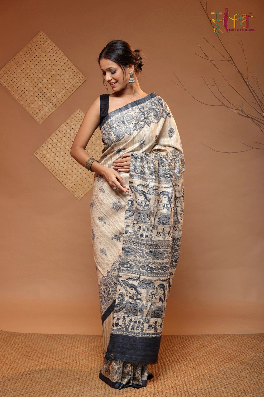 Beige And Black Brown Handloom Tussar Silk Madhubani Art Saree