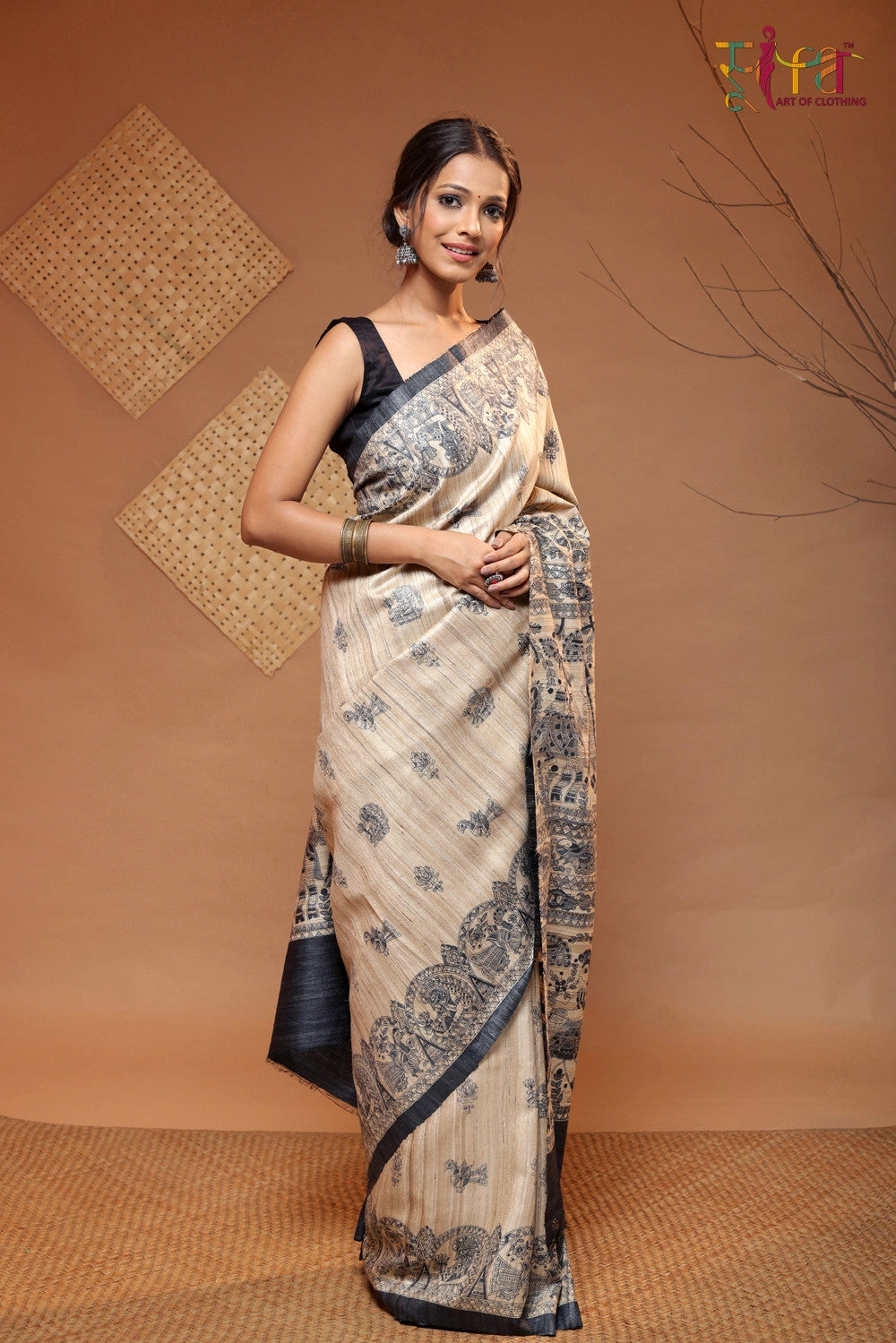 Beige And Black Brown Handloom Tussar Silk Madhubani Art Saree