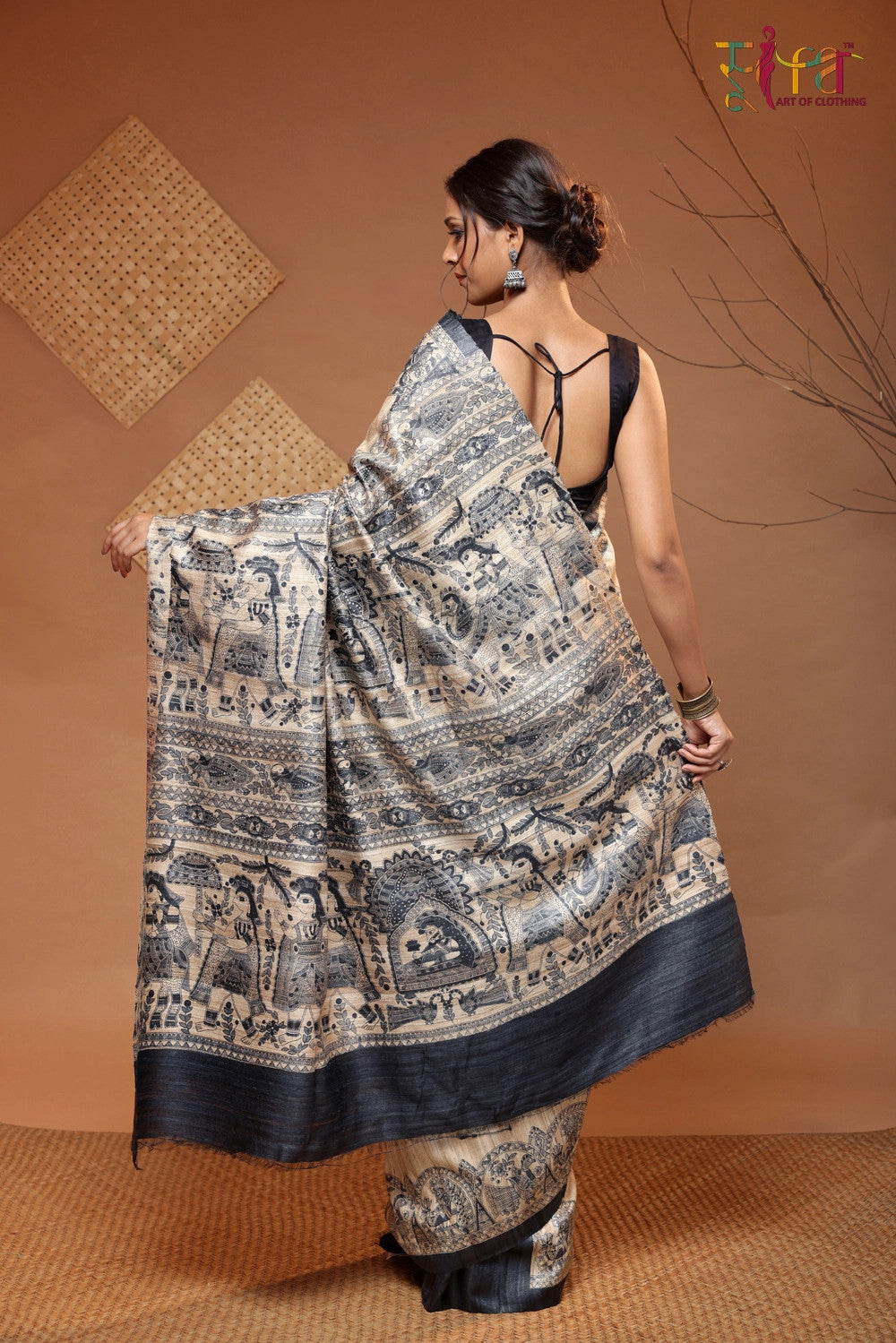 Beige And Black Brown Handloom Tussar Silk Madhubani Art Saree