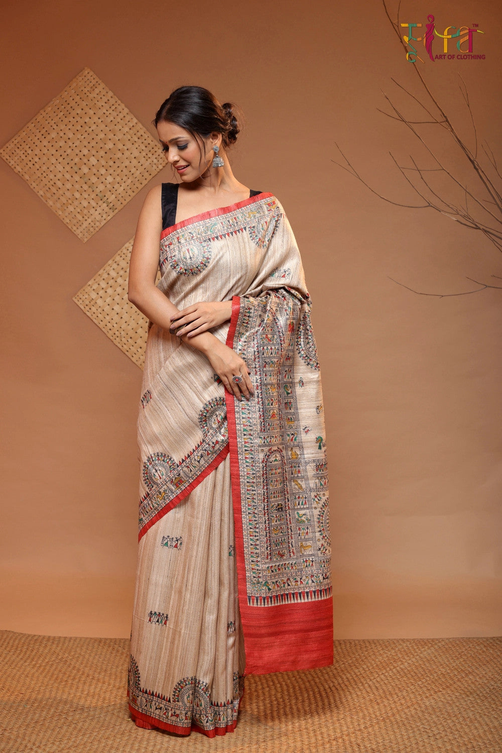 Beige Handloom Kosa silk Tribal art Saree with Red border