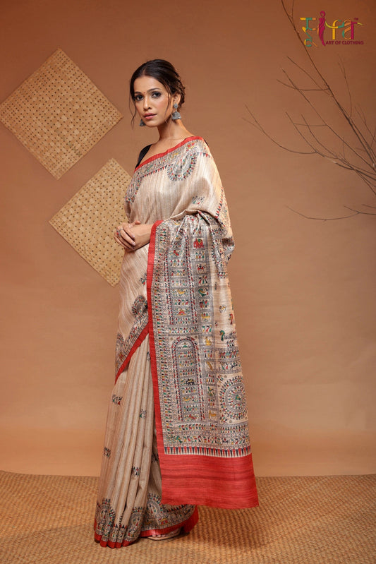 Beige Handloom Kosa Silk Tribal Art Saree With Red Border