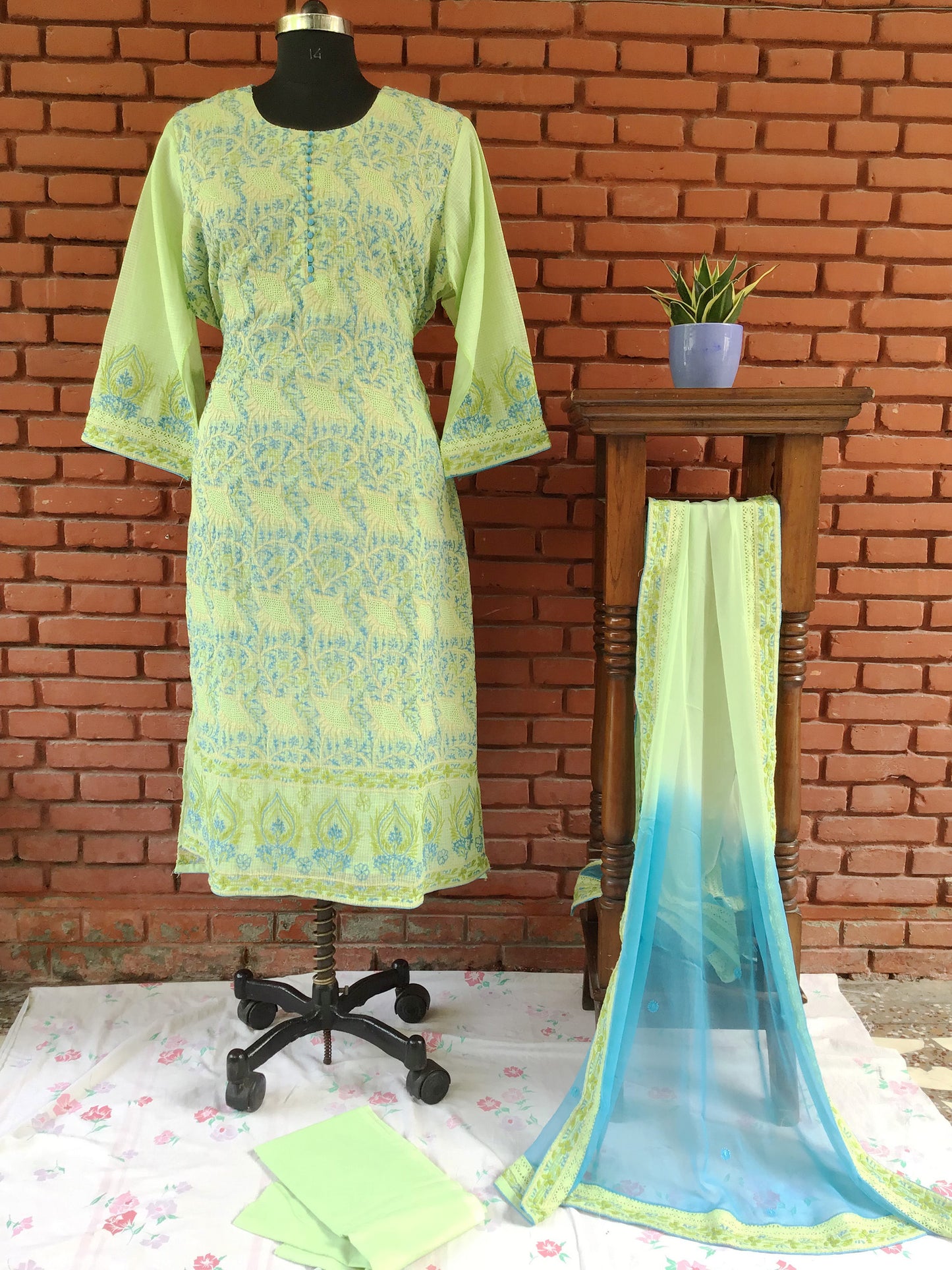 Green Kota Doria Cotton Ghaspatti Chikankari Salwar suit