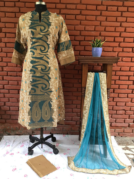 Dark Green Kota Silk Ghaspatti Chikankari Salwar suit