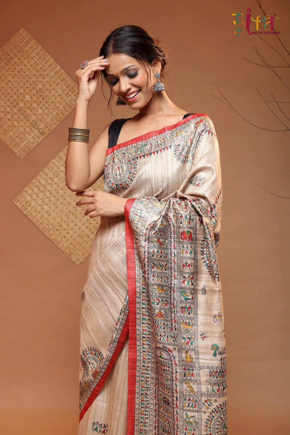 Beige Handloom Kosa silk Tribal art Saree with Red border