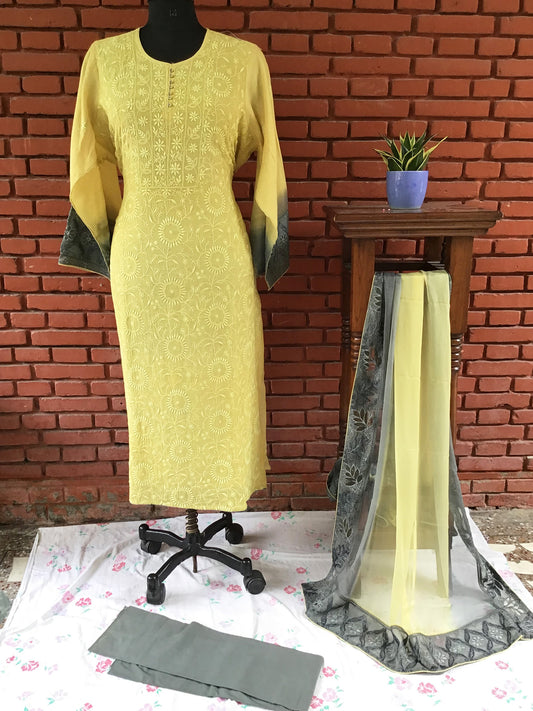 Lemon Yellow Tissue Chanderi Ghaspatti Pure Chikankari Salwar suit