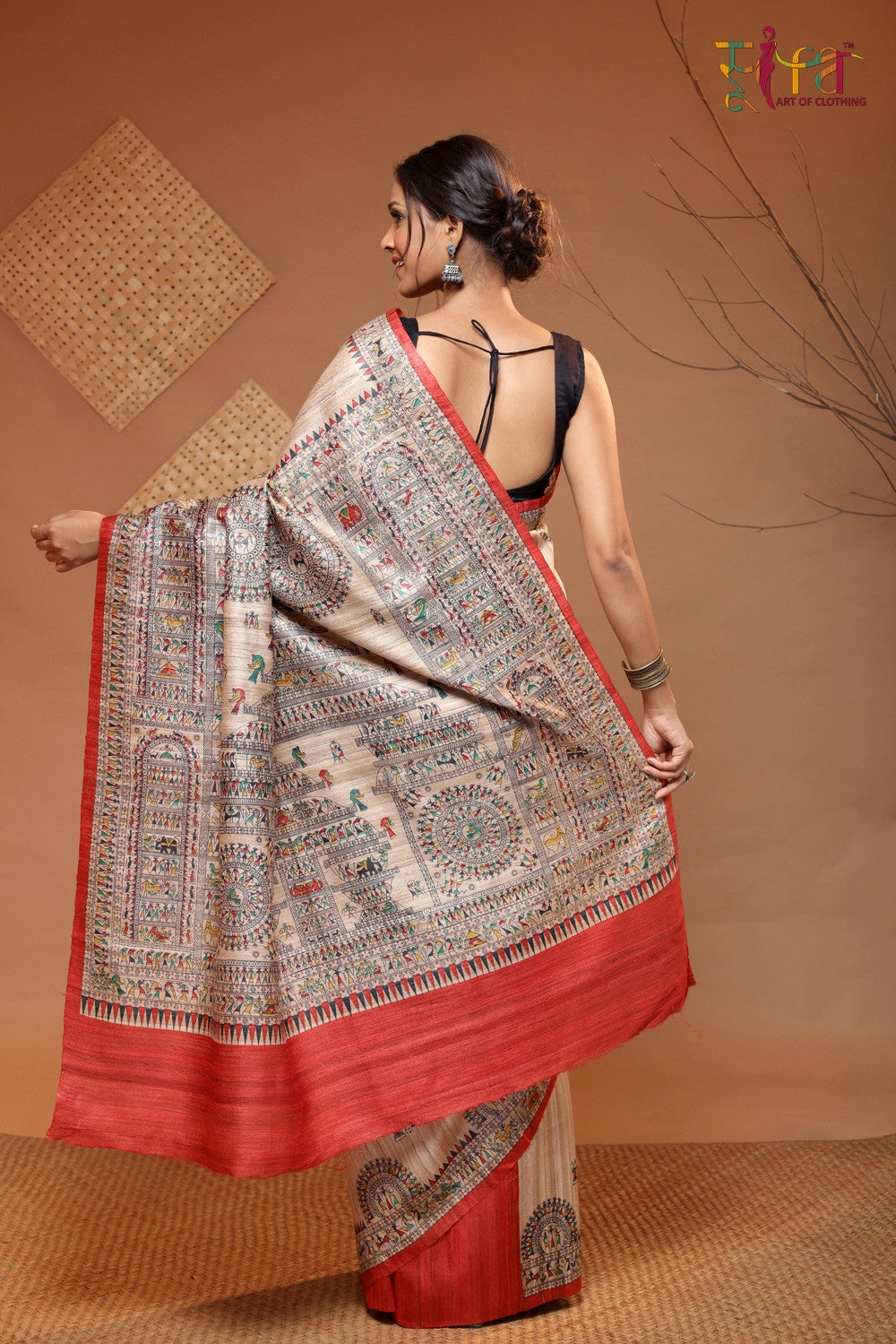 Beige Handloom Kosa silk Tribal art Saree with Red border