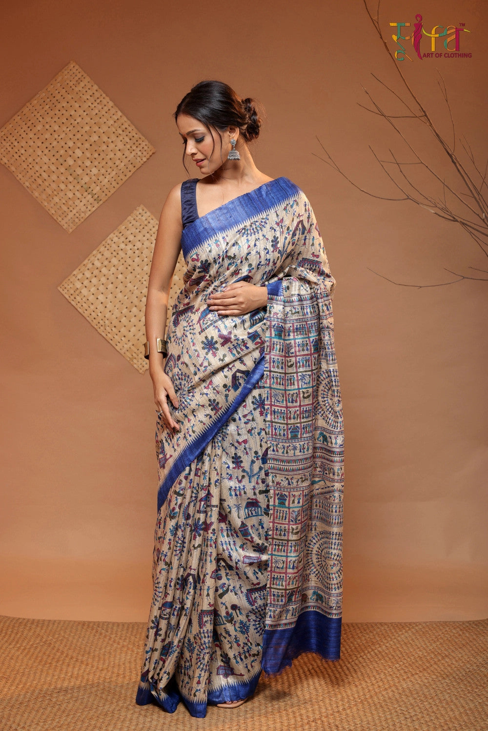 Tan Brown Handloom Kosa Silk Tribal Art Saree With Blue Border