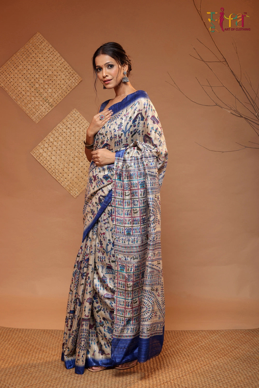 Tan Brown handloom Kosa silk Tribal art Saree with Blue border