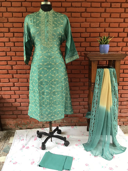 Peacock Green Tussar Silk Ghaspatti Pure Chikankari Salwar suit