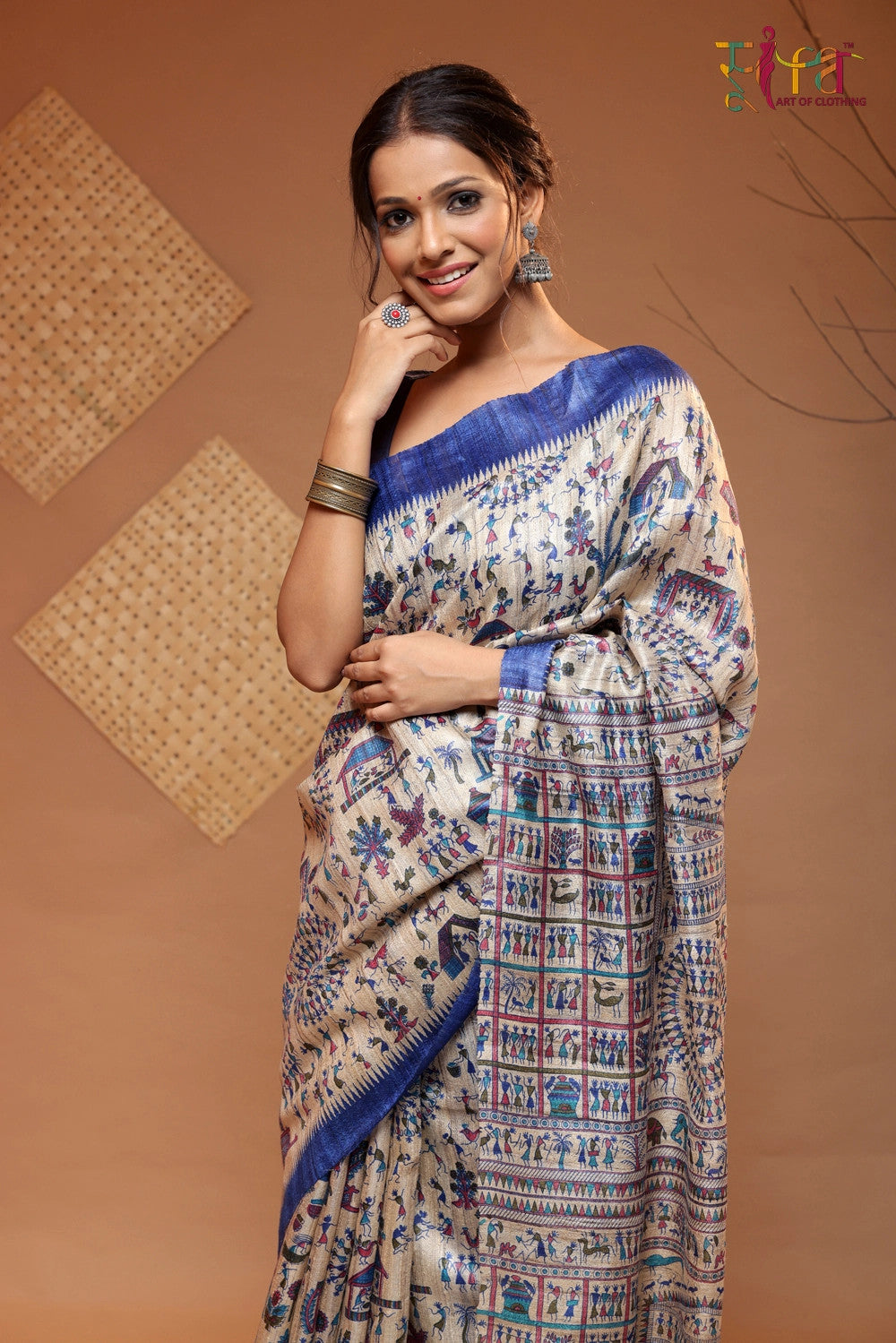 Tan Brown handloom Kosa silk Tribal art Saree with Blue border