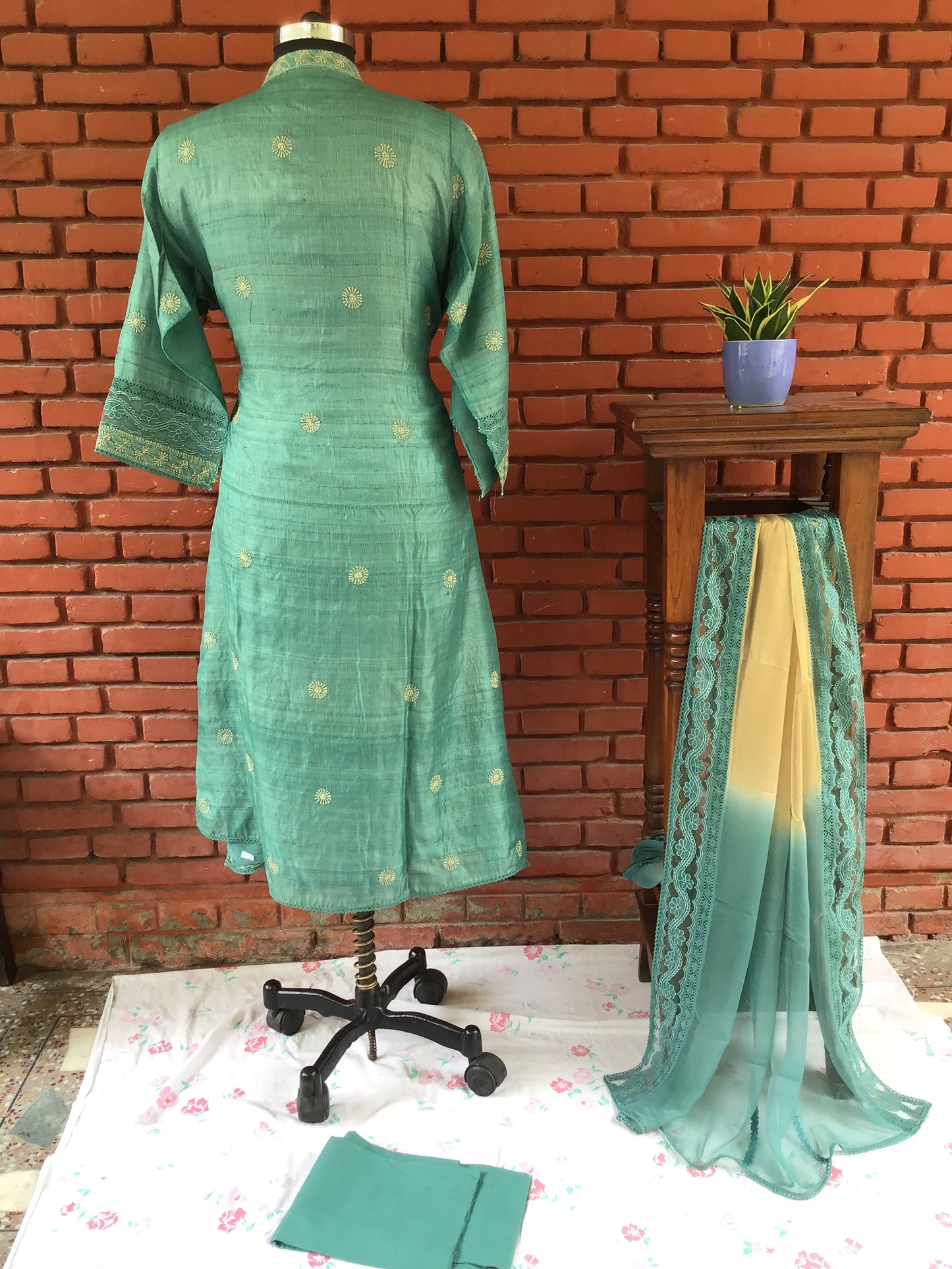 Peacock Green Tussar Silk Ghaspatti Pure Chikankari Salwar suit