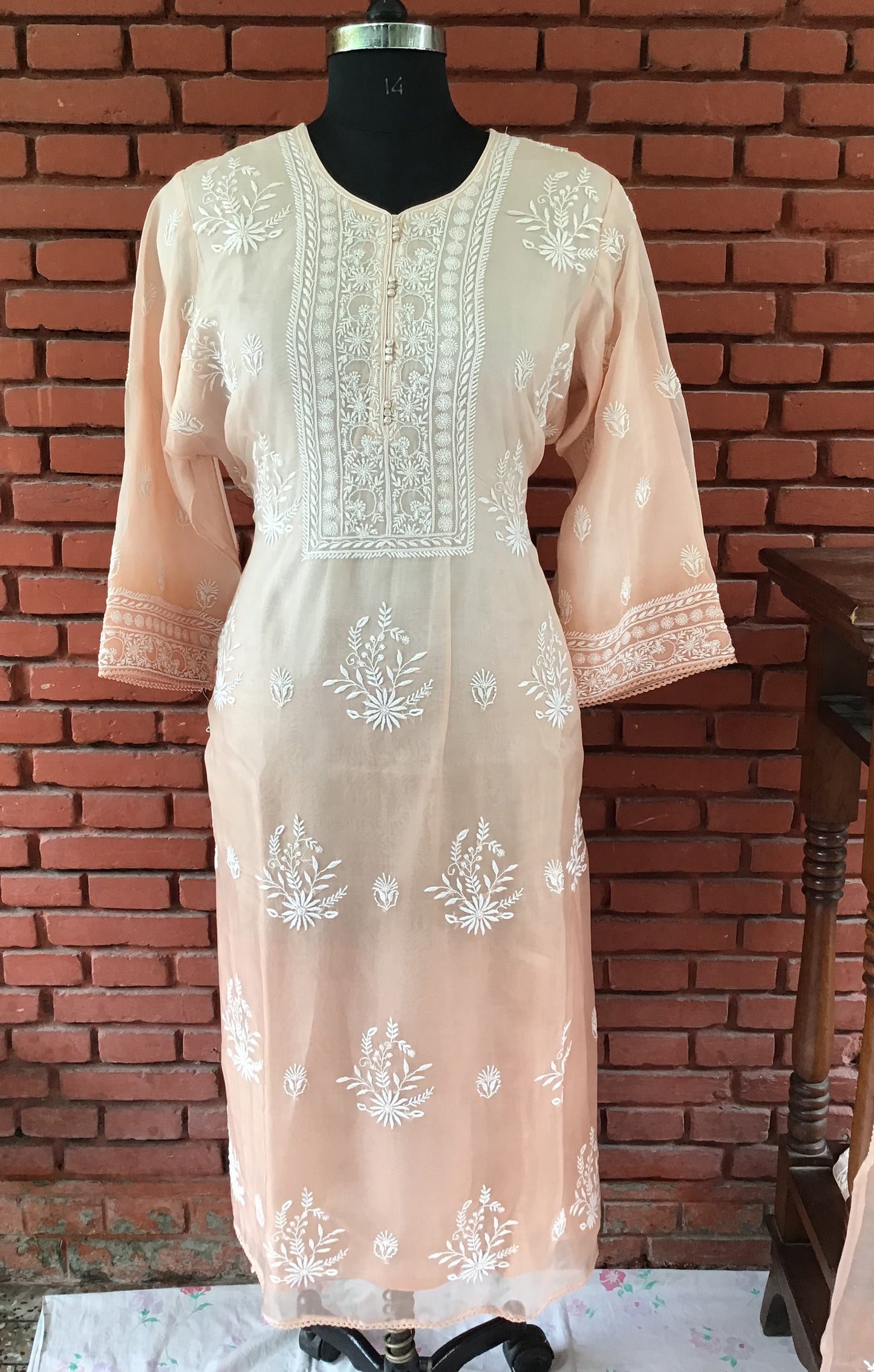 Peach Pure Silk Organza Ghaspatti Chikankari Salwar suit