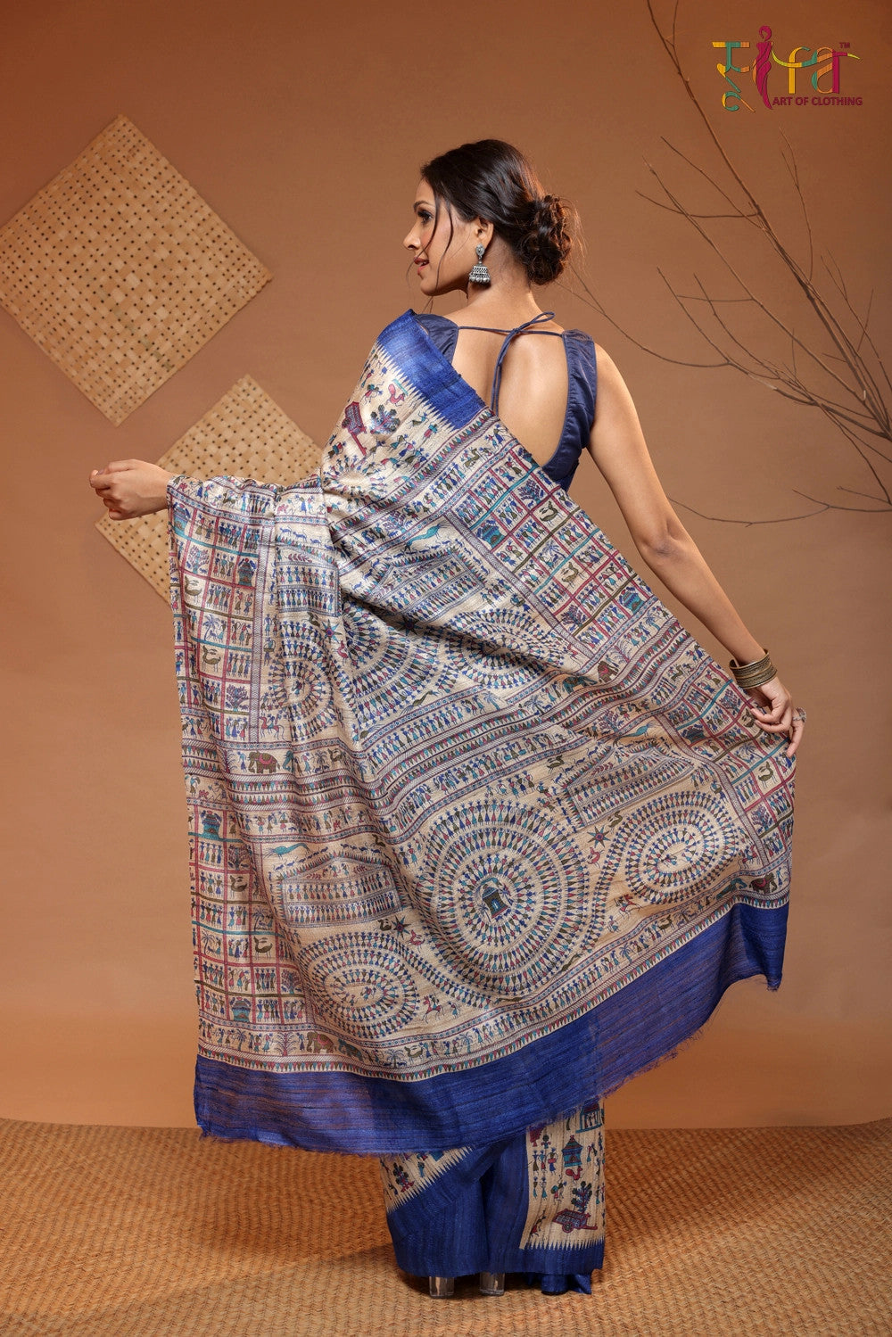 Tan Brown Handloom Kosa Silk Tribal Art Saree With Blue Border