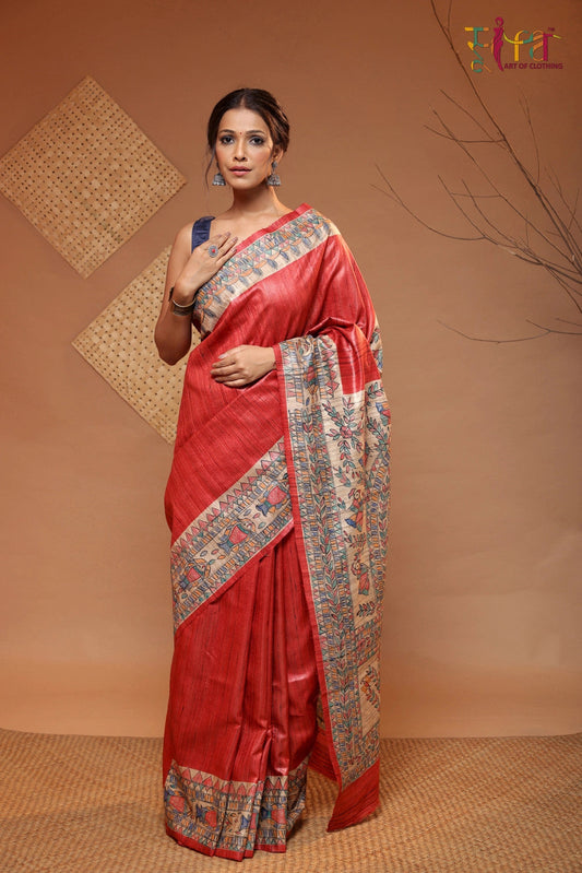 Red Handloom Tussar Silk Madhubani Hand Painted Saree