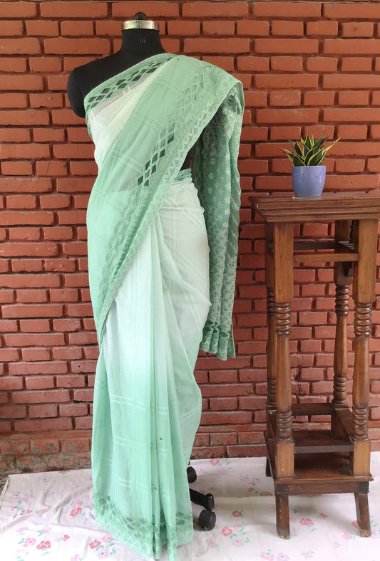 Light Green Kota Doria Cotton Bakhiya Pure Chikankari Saree