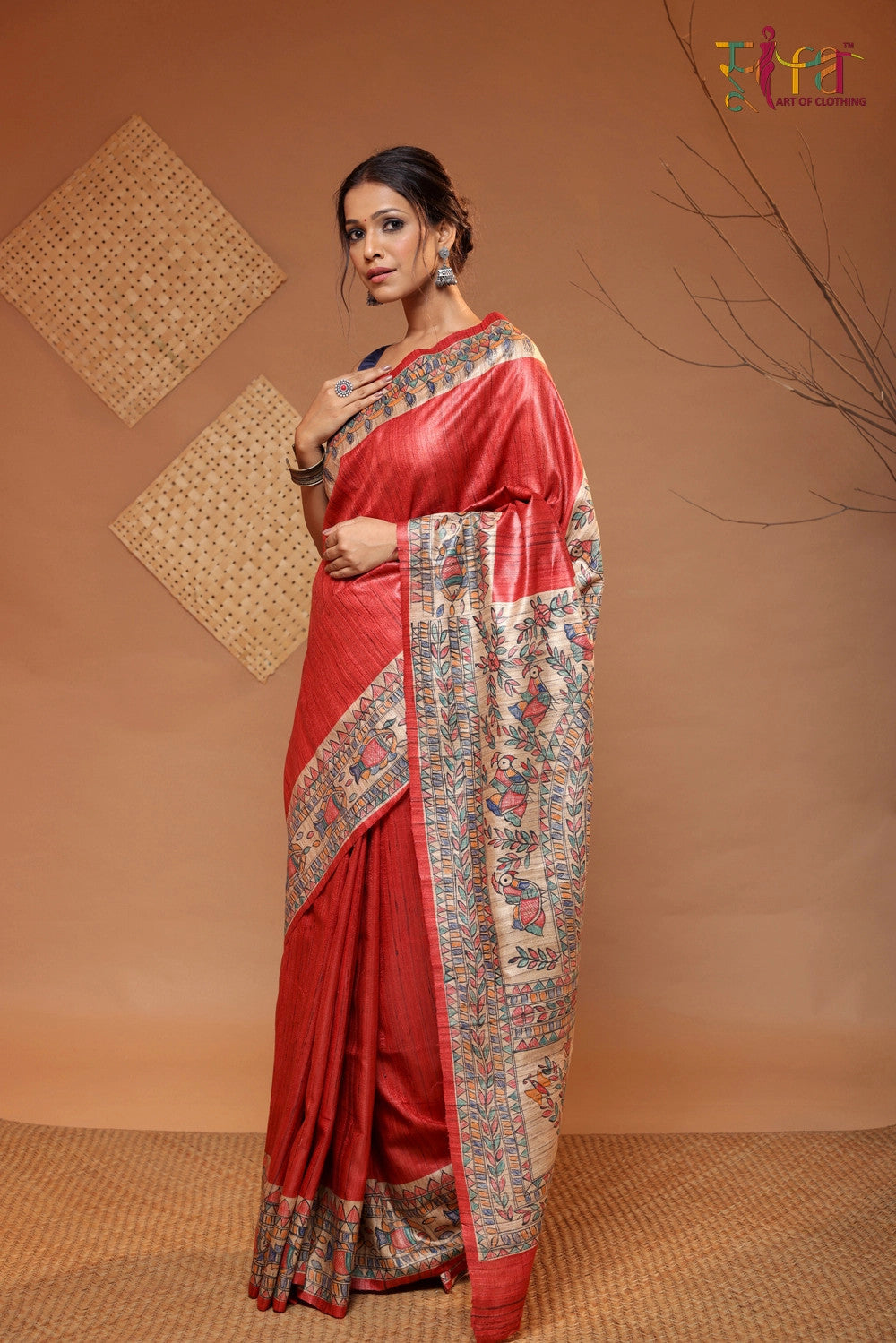 Red Handloom Tussar Silk Madhubani Hand Painted Saree