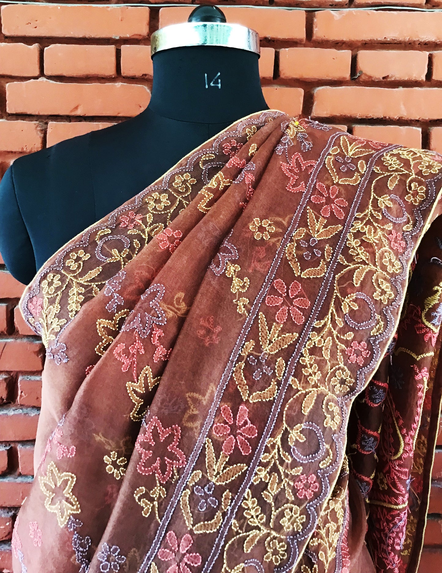 Brown Pure Silk Organza Bakhiya Pure Chikankari Saree