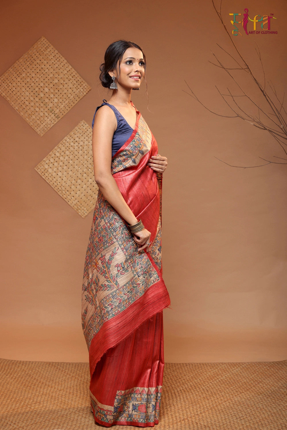 Red Handloom Tussar Silk Madhubani Hand Painted Saree