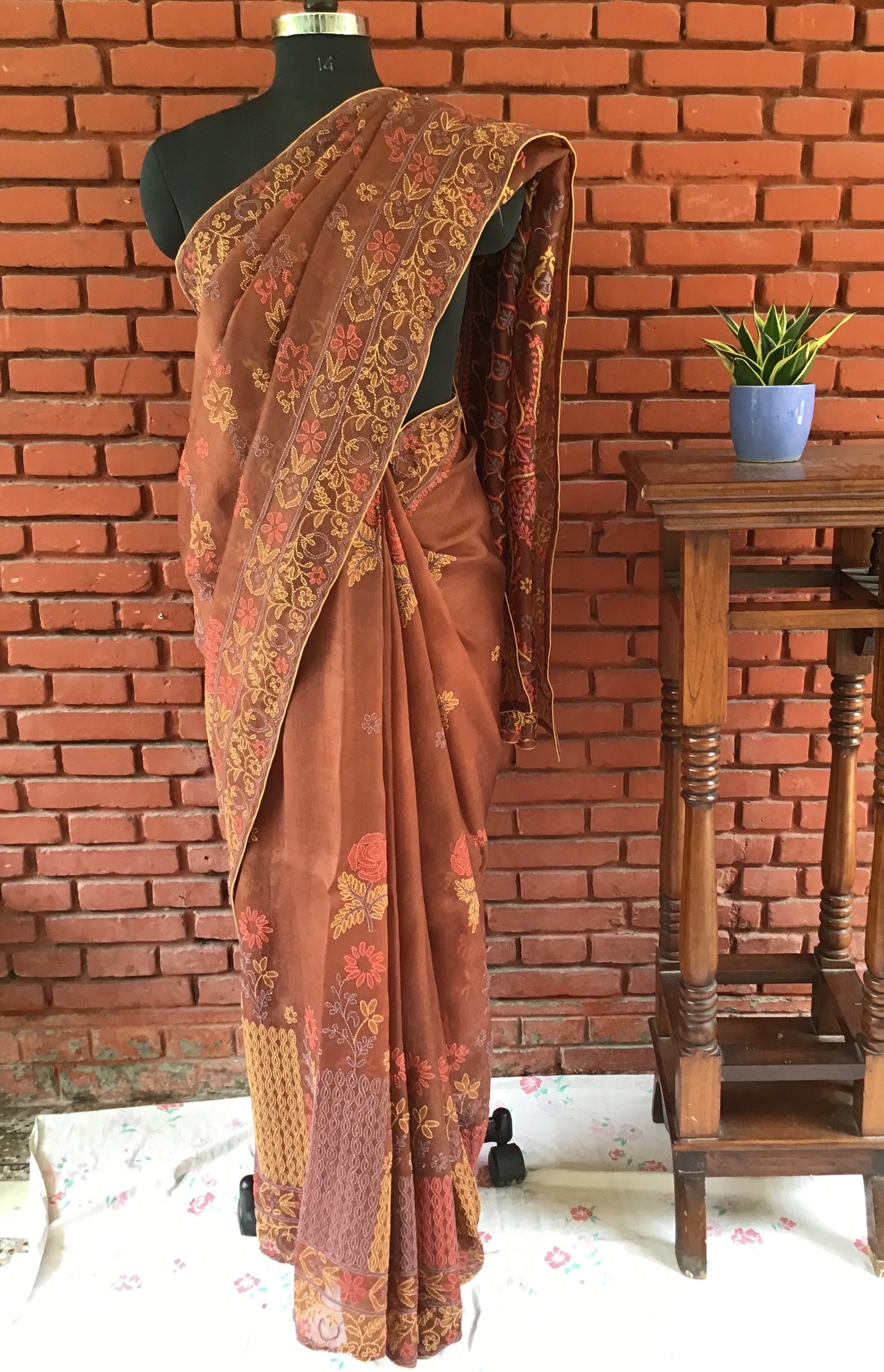 Brown Pure Silk Organza Bakhiya Pure Chikankari Saree