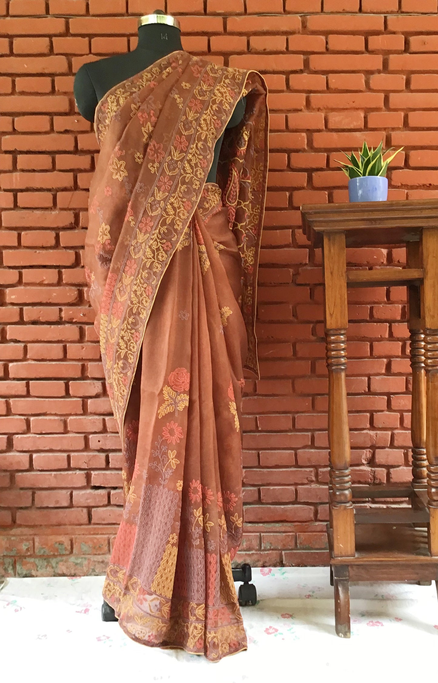 Brown Pure Silk Organza Bakhiya Pure Chikankari Saree