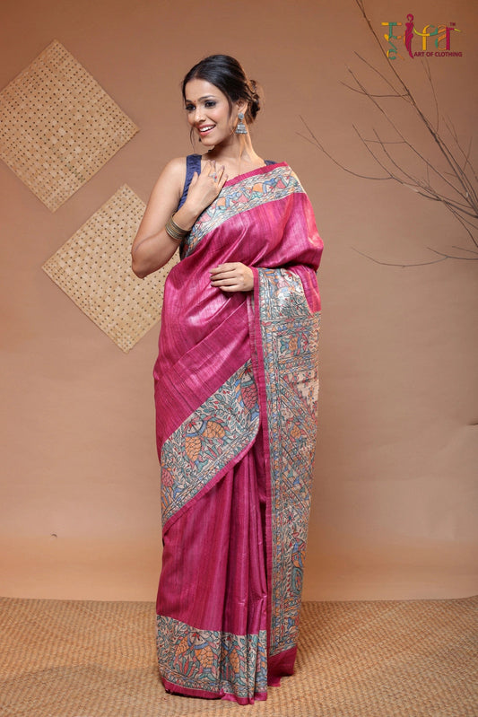 Magenta handloom Tussar Silk Madhubani hand painted Saree