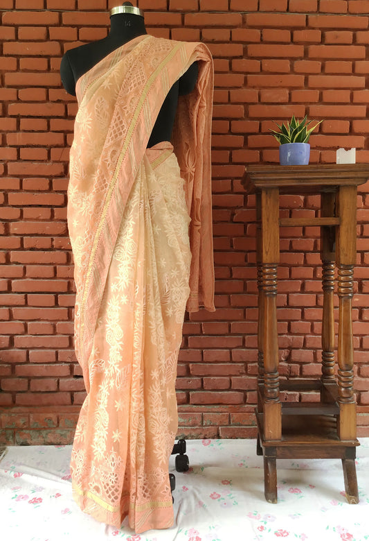 Light Peach Pure Silk organza Tepchi Pure Chikankari Saree