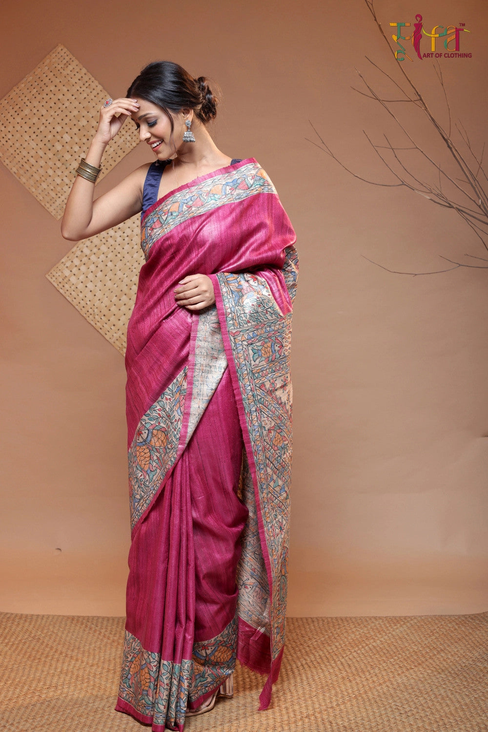 Magenta handloom Tussar Silk Madhubani hand painted Saree