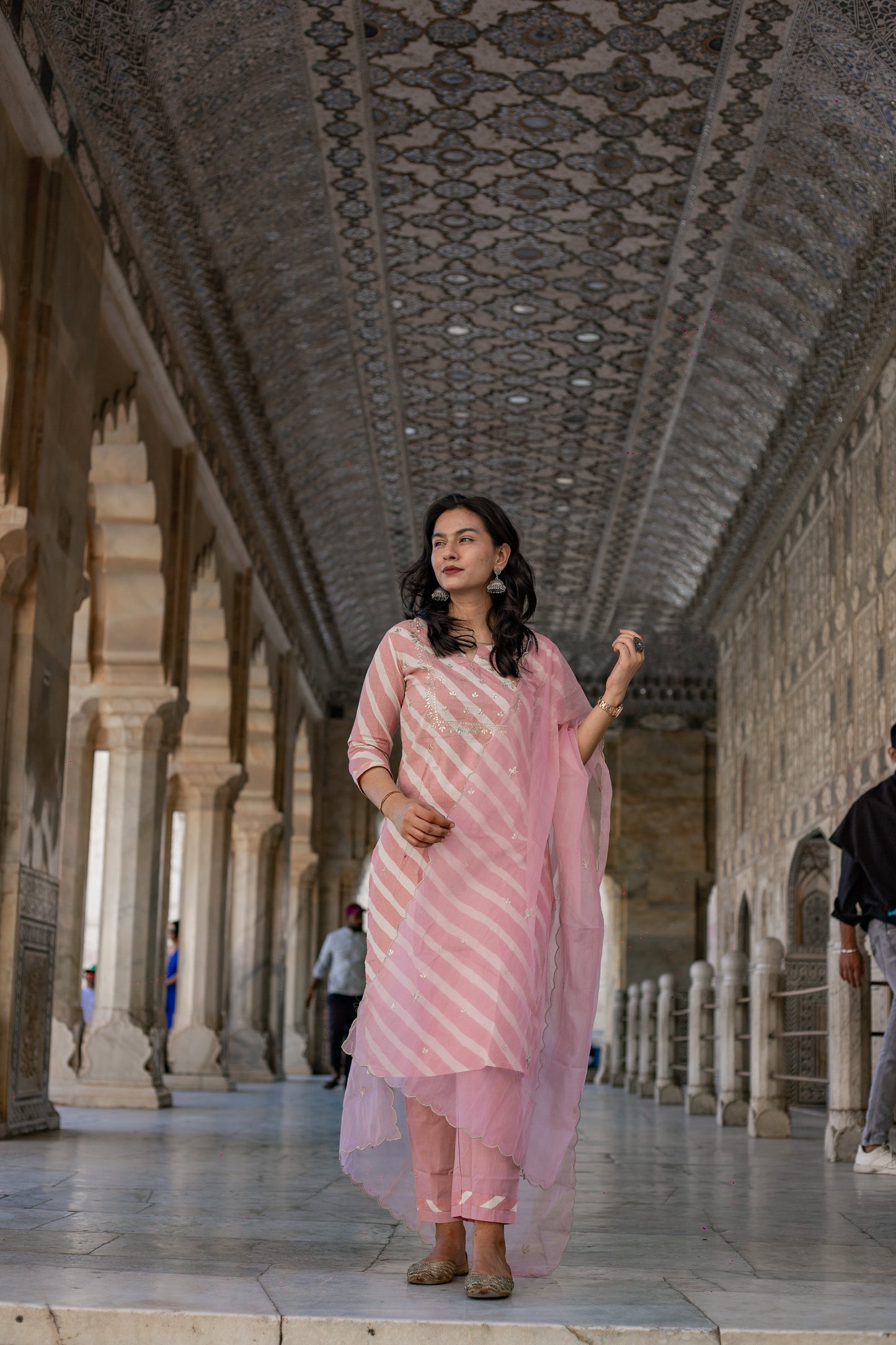 Light Pink Leheriya Cotton Kurta Pant set With Organza Dupatta