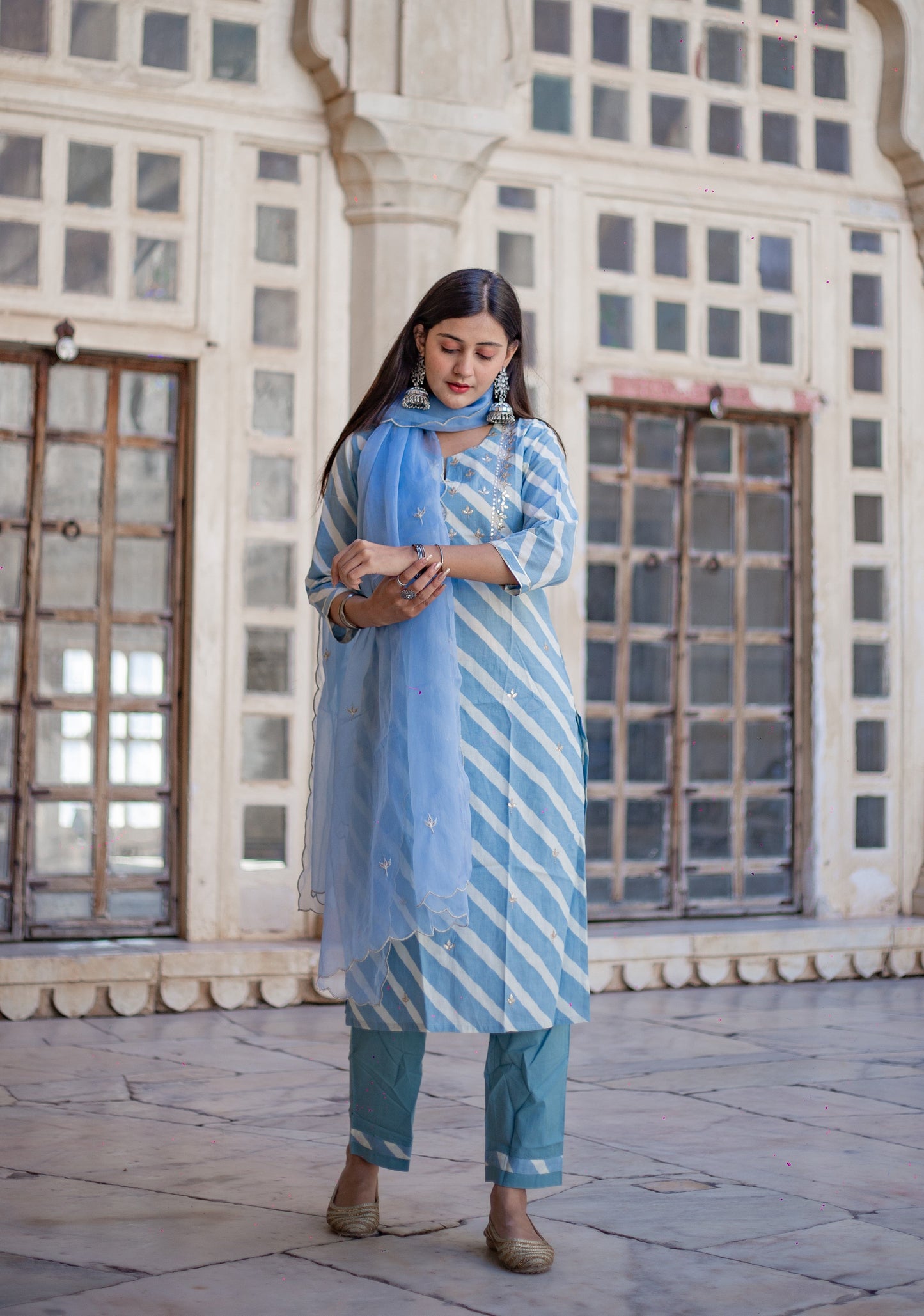 Sky Blue Leheriya Cotton Kurta Pant set With Organza Dupatta