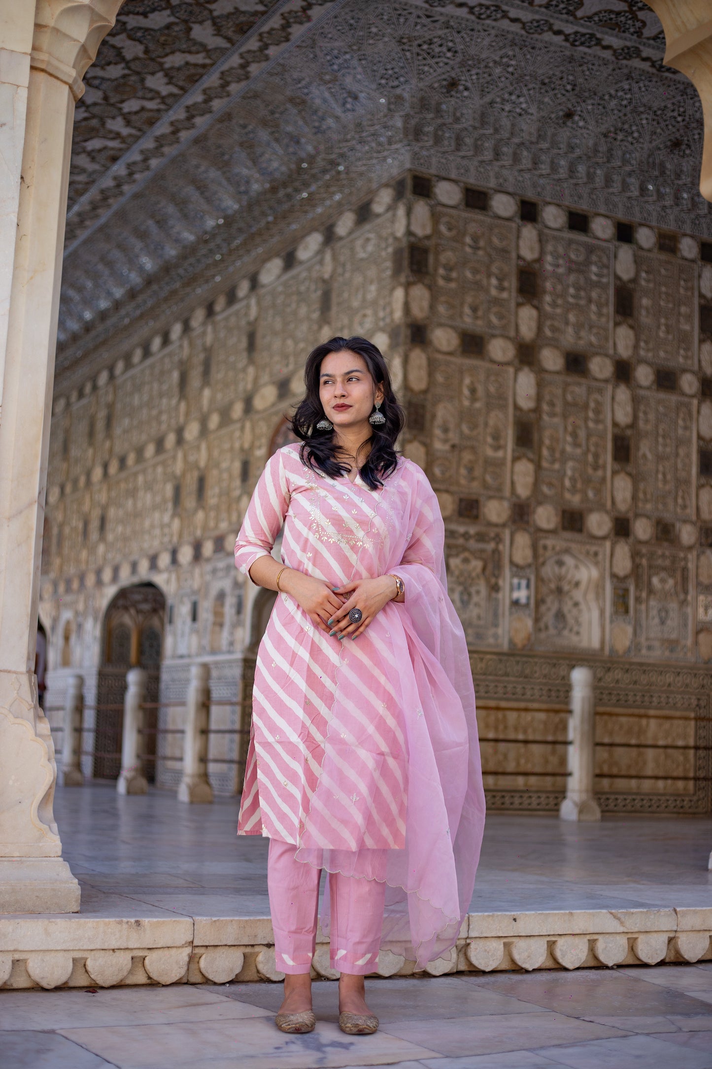 Light Pink Leheriya Cotton Kurta Pant set With Organza Dupatta