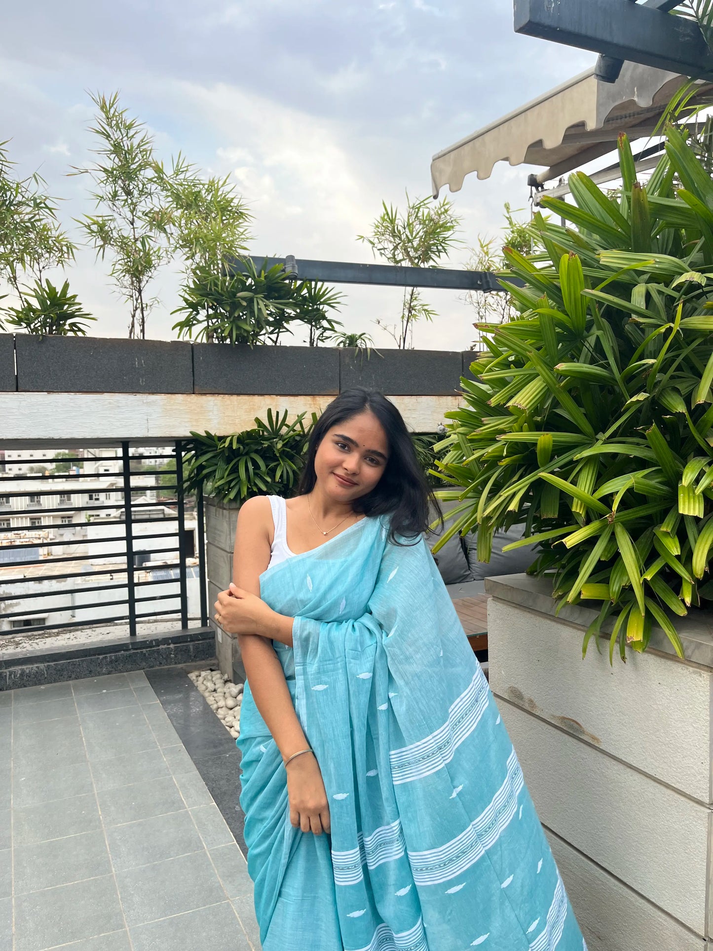 Handloom Aqua Green Mulmul Saree