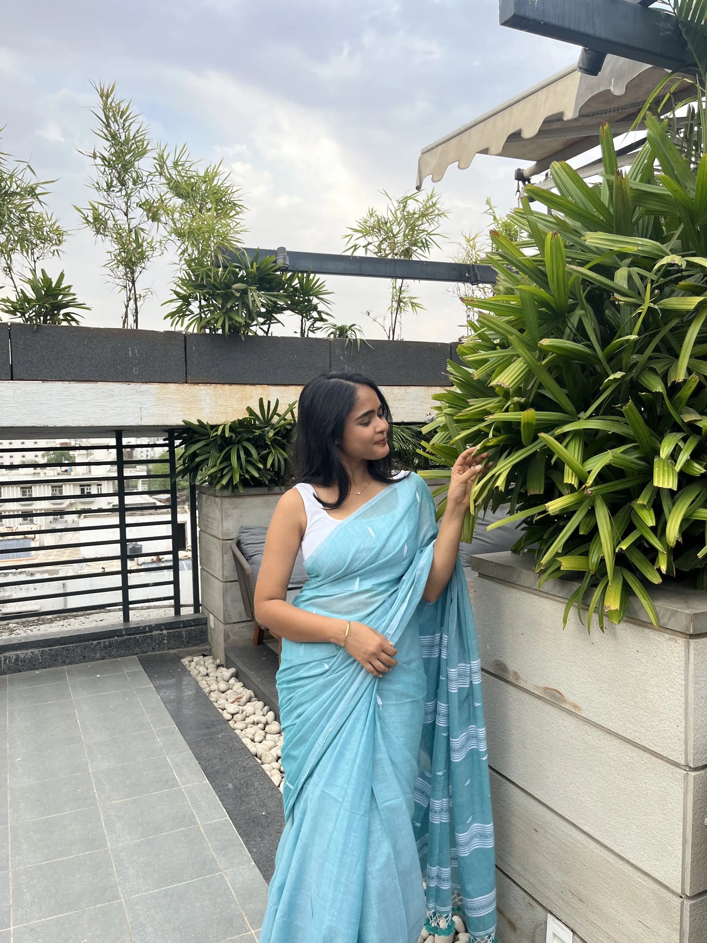 Handloom Aqua Green Mulmul Saree