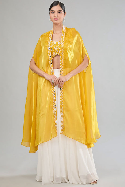 Yellow Hand Embroidered Flared pant with cape and blouse