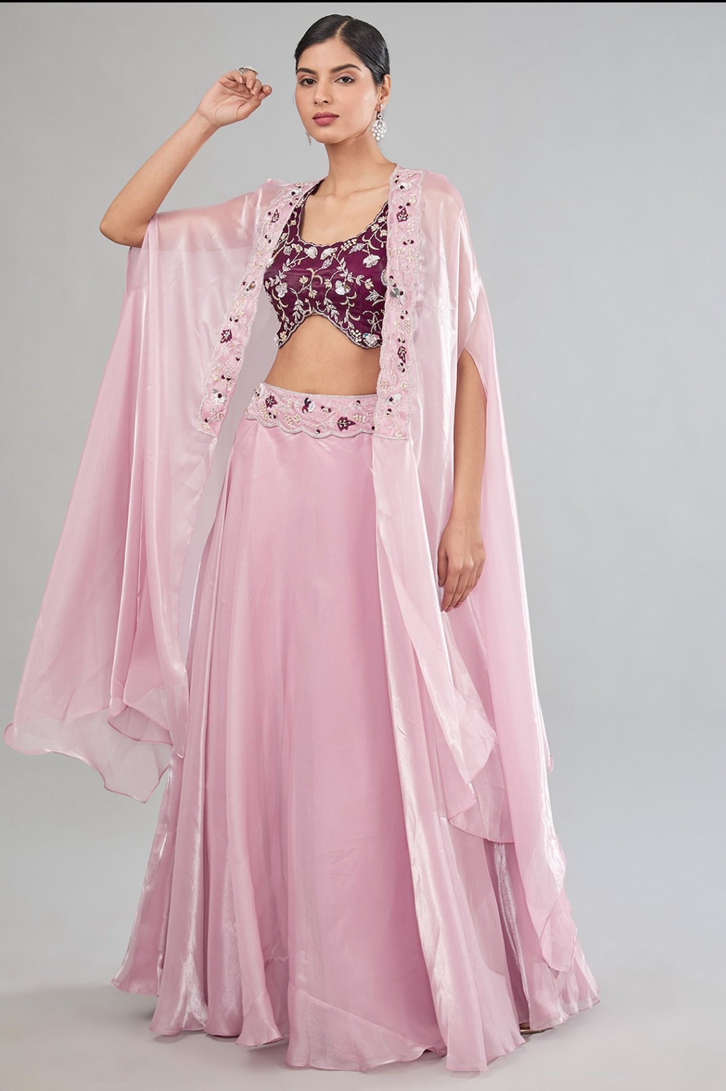 Purple Hand embroidered Italian satin Cape lehenga set